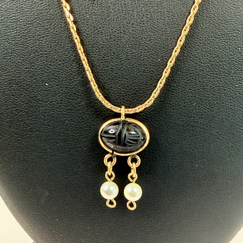 Vintage Gold Filled Black Scarab Pendant Necklace Genuine Pearl Dangles 18"